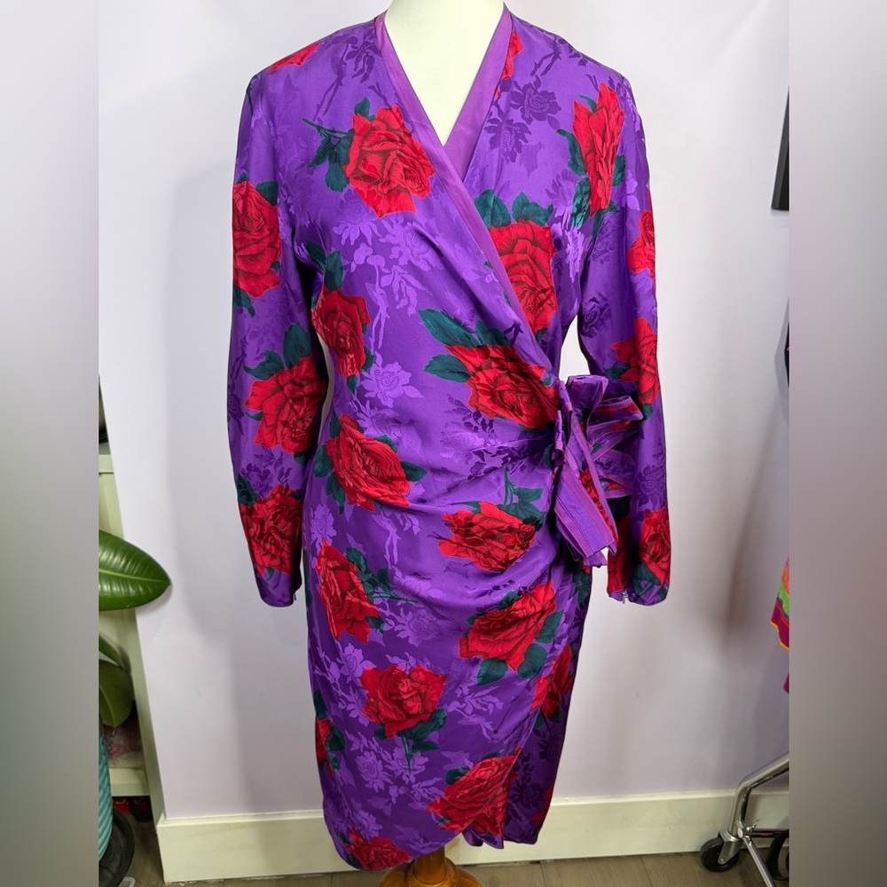 Vintage Pia Rucci Silk Purple with Red Roses Wrap Dress with Bow